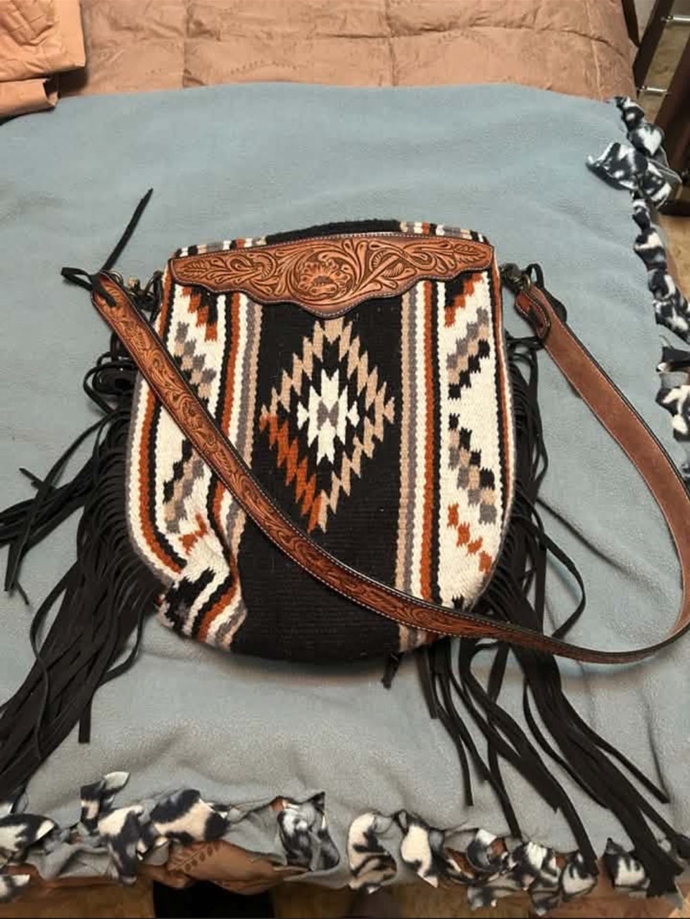 Southwestern Pattern Fringe Crossbody Tote in Black, Brown & Cream